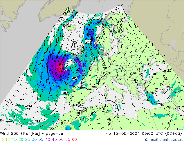 风 850 hPa Arpege-eu 星期一 13.05.2024 09 UTC