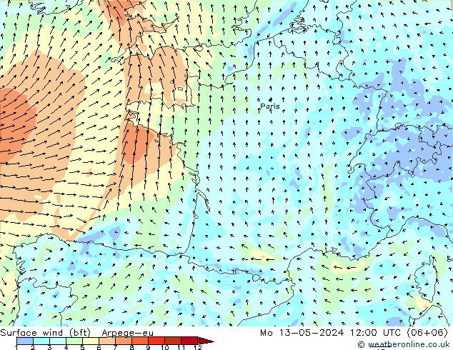 Surface wind (bft) Arpege-eu Mo 13.05.2024 12 UTC