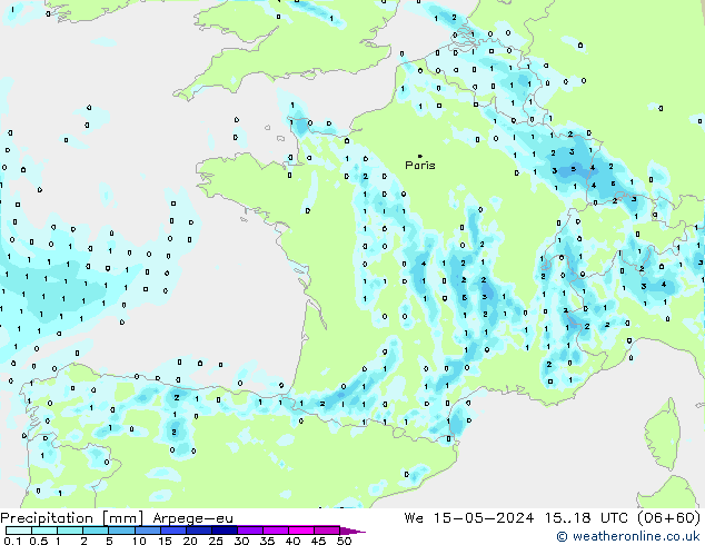 Precipitazione Arpege-eu mer 15.05.2024 18 UTC