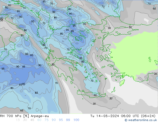 Humidité rel. 700 hPa Arpege-eu mar 14.05.2024 06 UTC