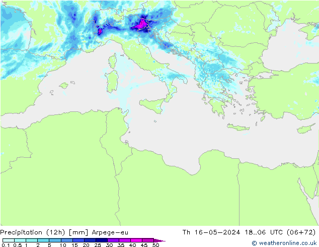 Precipitation (12h) Arpege-eu Čt 16.05.2024 06 UTC
