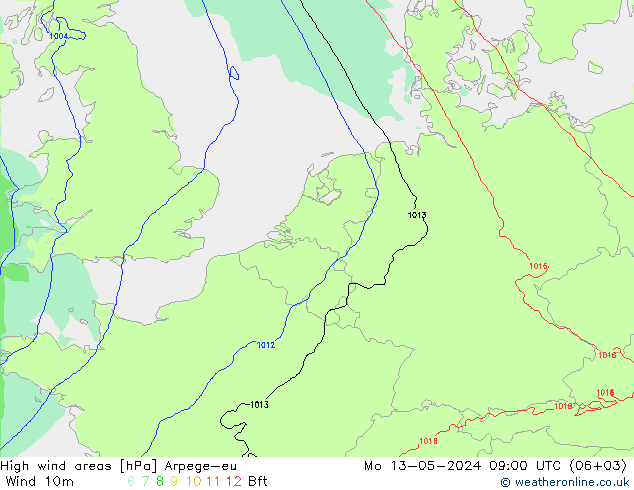 High wind areas Arpege-eu lun 13.05.2024 09 UTC