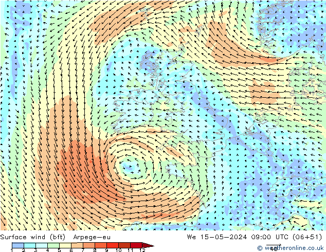 Wind 10 m (bft) Arpege-eu wo 15.05.2024 09 UTC