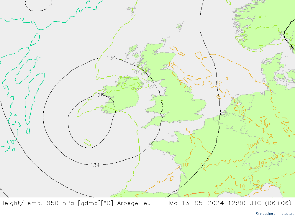 Height/Temp. 850 hPa Arpege-eu  13.05.2024 12 UTC