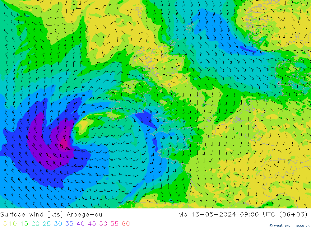 Surface wind Arpege-eu Mo 13.05.2024 09 UTC