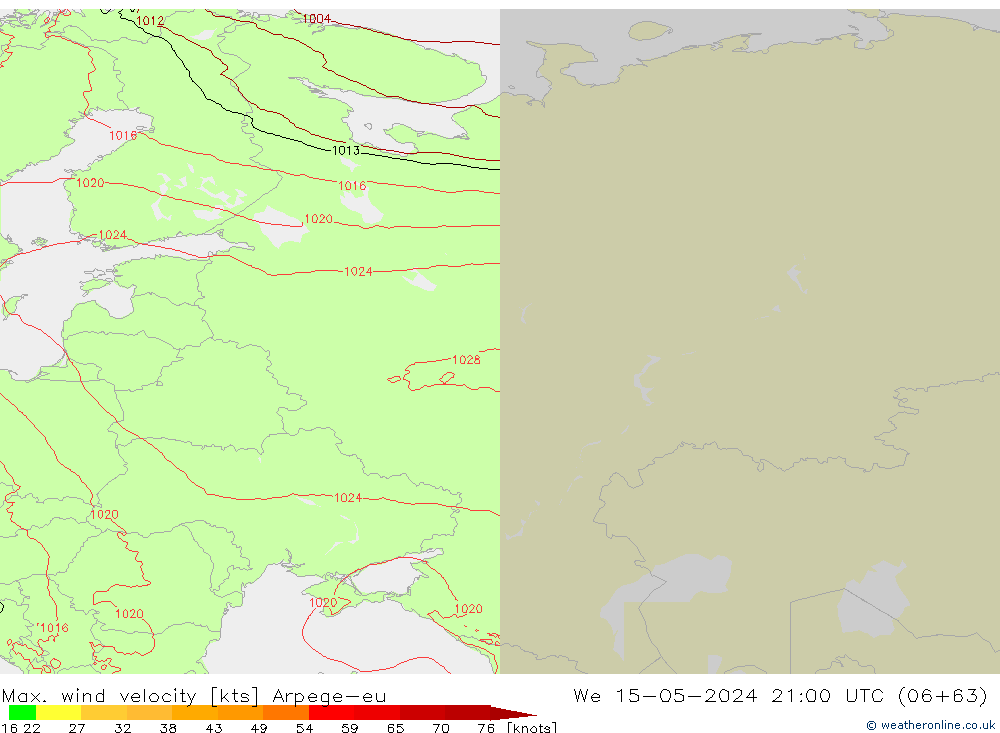 Max. wind velocity Arpege-eu  15.05.2024 21 UTC