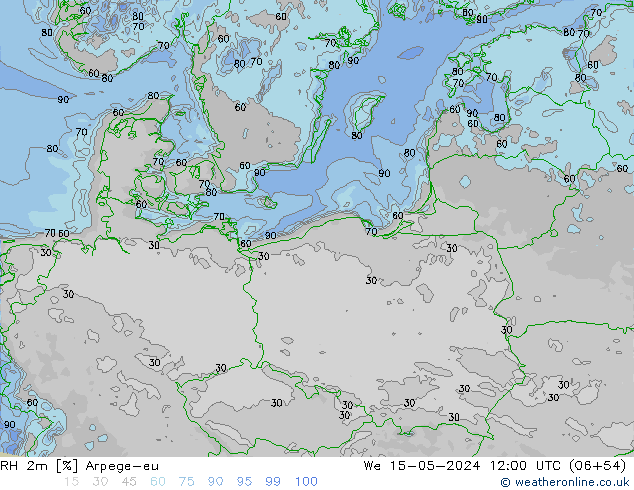 Humedad rel. 2m Arpege-eu mié 15.05.2024 12 UTC