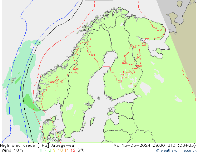 High wind areas Arpege-eu 星期一 13.05.2024 09 UTC