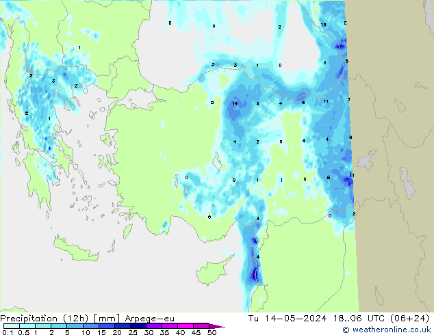 Yağış (12h) Arpege-eu Sa 14.05.2024 06 UTC