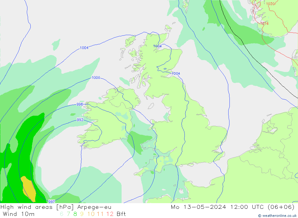 High wind areas Arpege-eu lun 13.05.2024 12 UTC