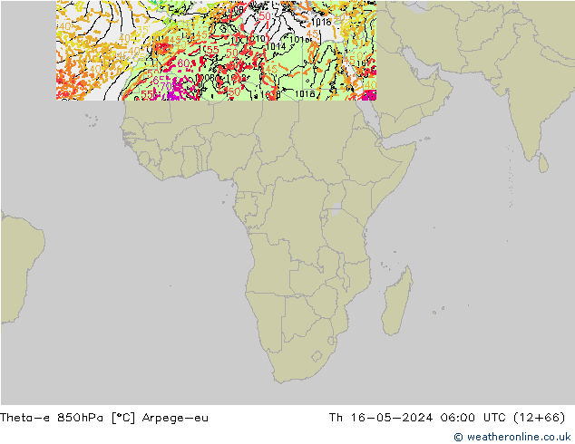 Theta-e 850hPa Arpege-eu do 16.05.2024 06 UTC