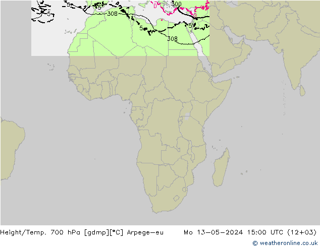 Geop./Temp. 700 hPa Arpege-eu lun 13.05.2024 15 UTC