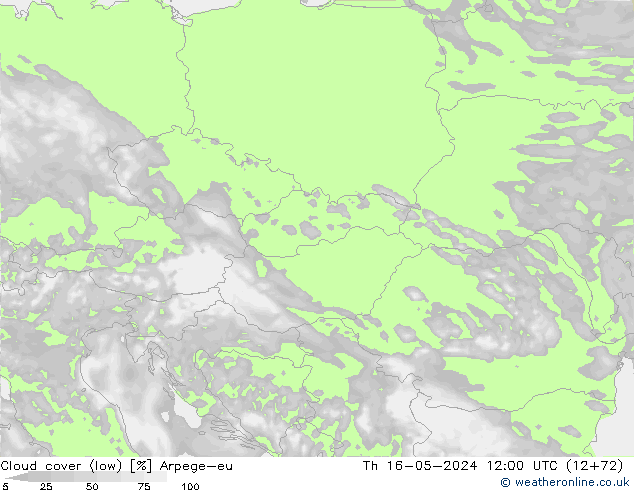 Cloud cover (low) Arpege-eu Th 16.05.2024 12 UTC
