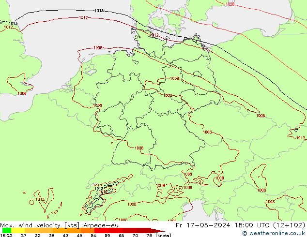 Max. wind velocity Arpege-eu Sex 17.05.2024 18 UTC