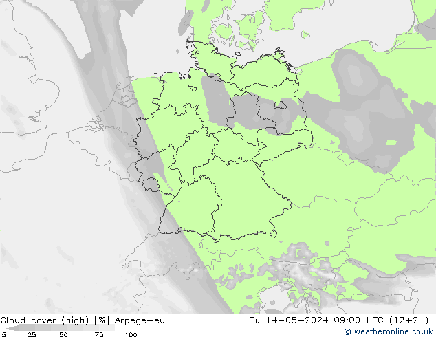Cloud cover (high) Arpege-eu Tu 14.05.2024 09 UTC