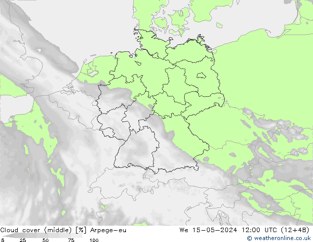 Cloud cover (middle) Arpege-eu We 15.05.2024 12 UTC