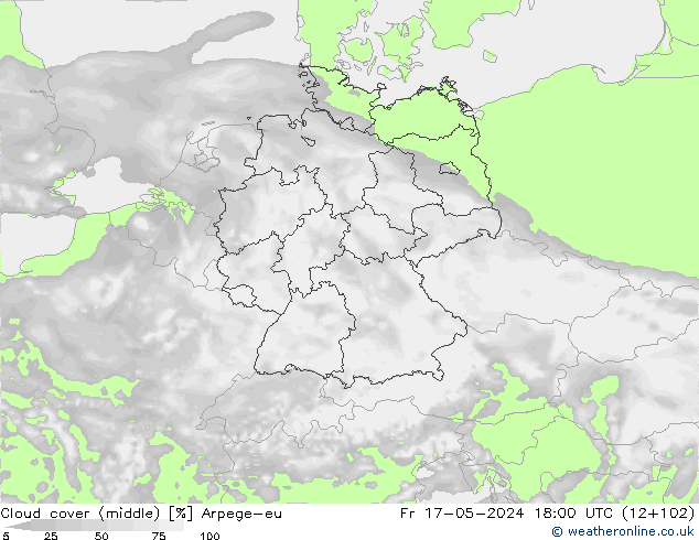 Cloud cover (middle) Arpege-eu Fr 17.05.2024 18 UTC