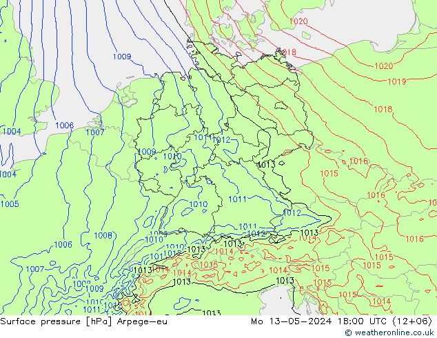 Surface pressure Arpege-eu Mo 13.05.2024 18 UTC