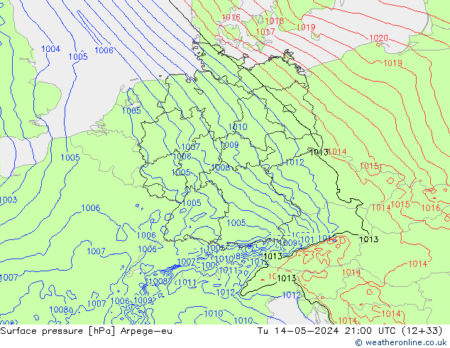 Surface pressure Arpege-eu Tu 14.05.2024 21 UTC