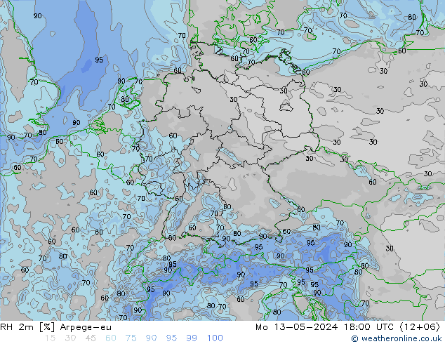 RH 2m Arpege-eu Mo 13.05.2024 18 UTC