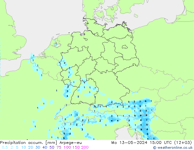 Precipitation accum. Arpege-eu 星期一 13.05.2024 15 UTC