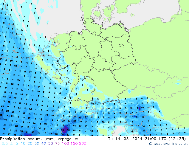 Precipitation accum. Arpege-eu  14.05.2024 21 UTC