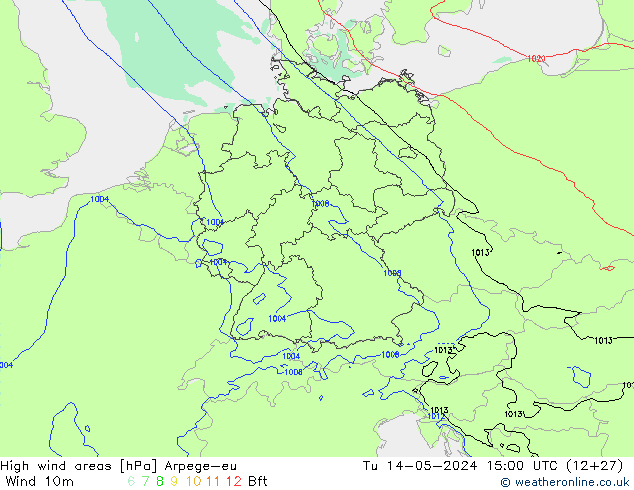 High wind areas Arpege-eu Út 14.05.2024 15 UTC