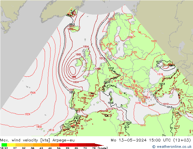 Max. wind velocity Arpege-eu Po 13.05.2024 15 UTC