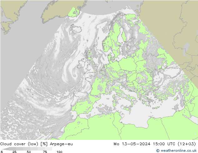 Bewolking (Laag) Arpege-eu ma 13.05.2024 15 UTC