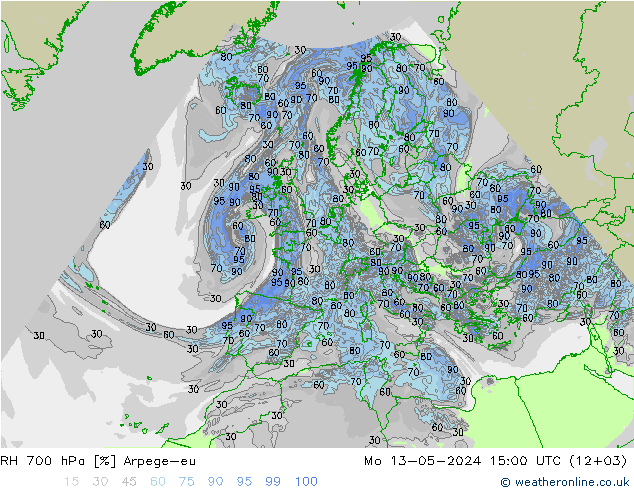 Humidité rel. 700 hPa Arpege-eu lun 13.05.2024 15 UTC