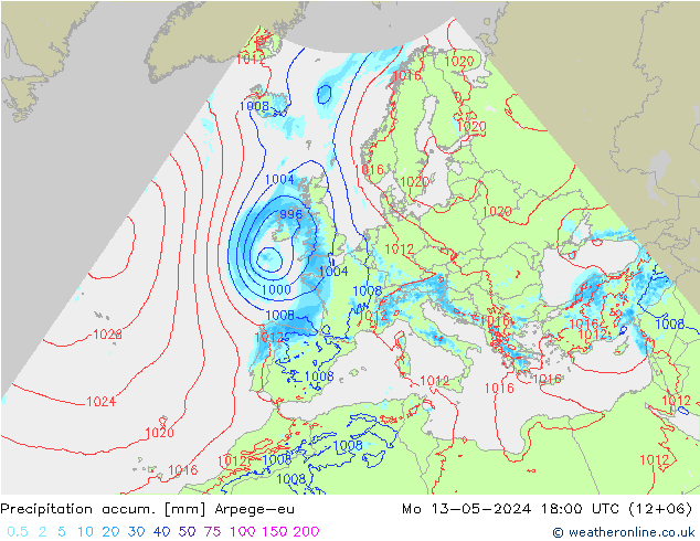 Precipitation accum. Arpege-eu Mo 13.05.2024 18 UTC