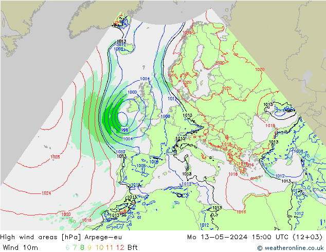 High wind areas Arpege-eu 星期一 13.05.2024 15 UTC