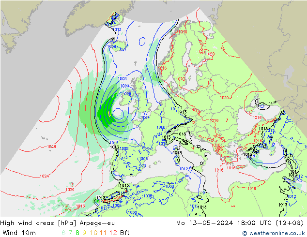 High wind areas Arpege-eu Mo 13.05.2024 18 UTC