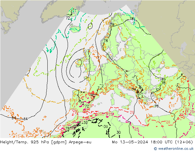 Height/Temp. 925 hPa Arpege-eu Mo 13.05.2024 18 UTC