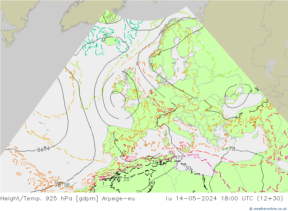 Height/Temp. 925 hPa Arpege-eu Tu 14.05.2024 18 UTC
