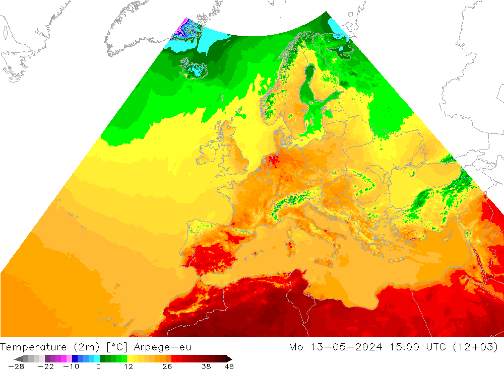 Temperaturkarte (2m) Arpege-eu Mo 13.05.2024 15 UTC
