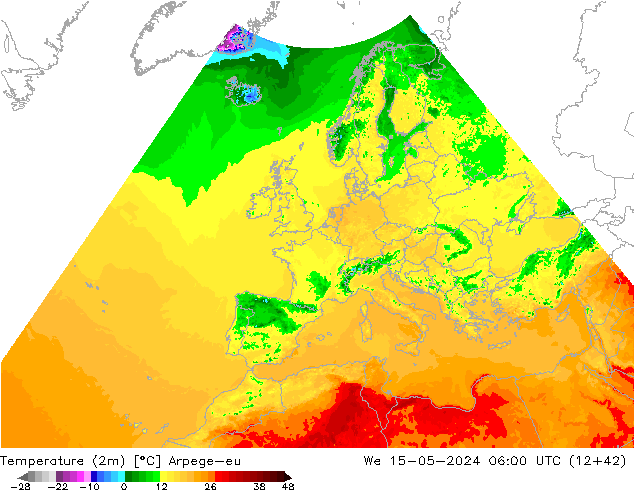 Temperaturkarte (2m) Arpege-eu Mi 15.05.2024 06 UTC