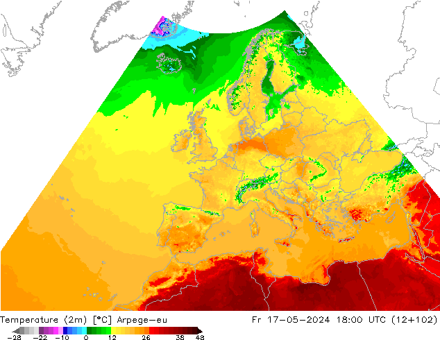 Temperatuurkaart (2m) Arpege-eu vr 17.05.2024 18 UTC