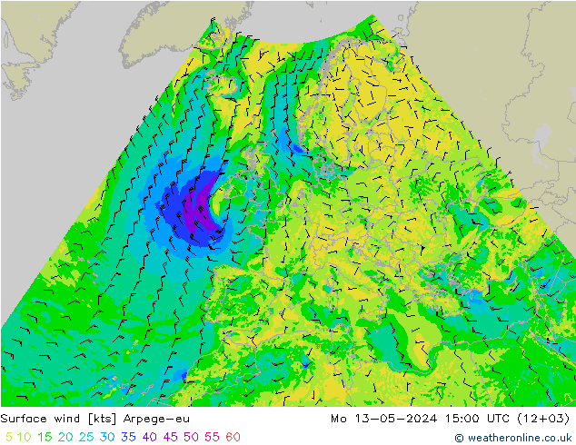 Surface wind Arpege-eu Mo 13.05.2024 15 UTC