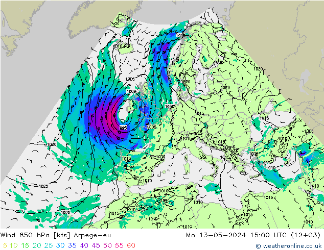 Wind 850 hPa Arpege-eu Mo 13.05.2024 15 UTC