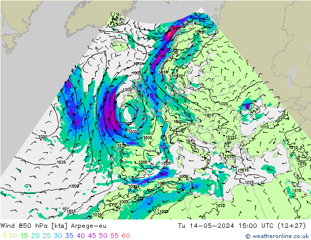Wind 850 hPa Arpege-eu Út 14.05.2024 15 UTC