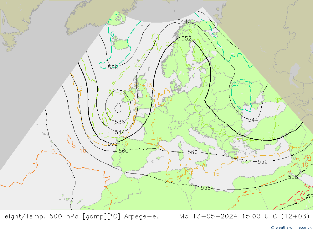 Height/Temp. 500 hPa Arpege-eu Mo 13.05.2024 15 UTC