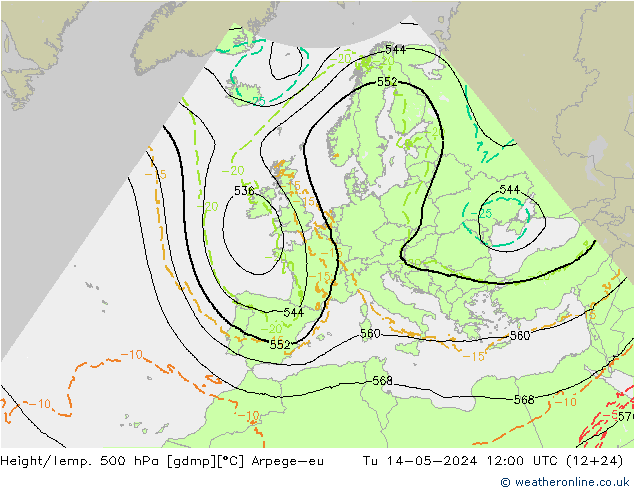 Height/Temp. 500 hPa Arpege-eu 星期二 14.05.2024 12 UTC