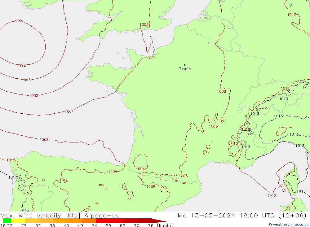 Max. wind snelheid Arpege-eu ma 13.05.2024 18 UTC