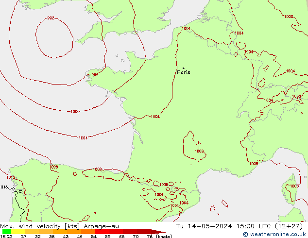 Max. wind velocity Arpege-eu mar 14.05.2024 15 UTC