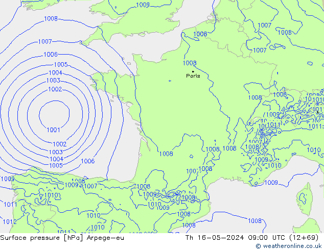 Presión superficial Arpege-eu jue 16.05.2024 09 UTC