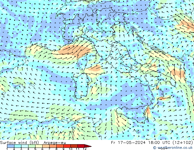 Surface wind (bft) Arpege-eu Fr 17.05.2024 18 UTC