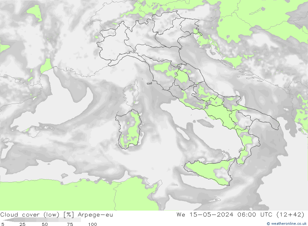 Cloud cover (low) Arpege-eu We 15.05.2024 06 UTC