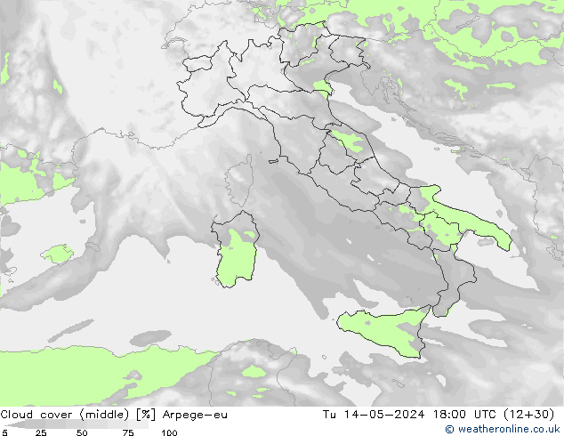 Cloud cover (middle) Arpege-eu Tu 14.05.2024 18 UTC