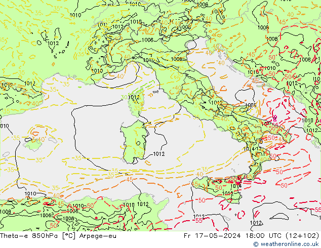 Theta-e 850hPa Arpege-eu Sex 17.05.2024 18 UTC